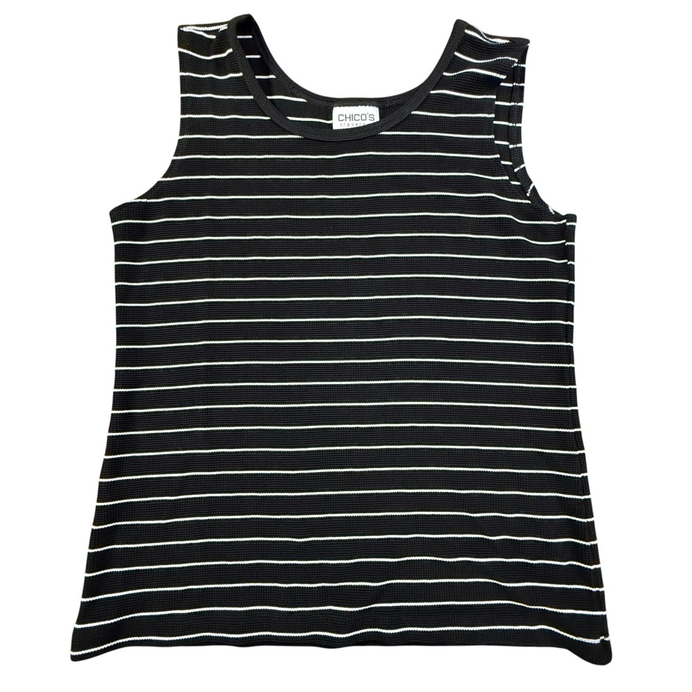 Chico's Travelers Tank Top‎ Black White Striped Sleeveless Knit Size 1